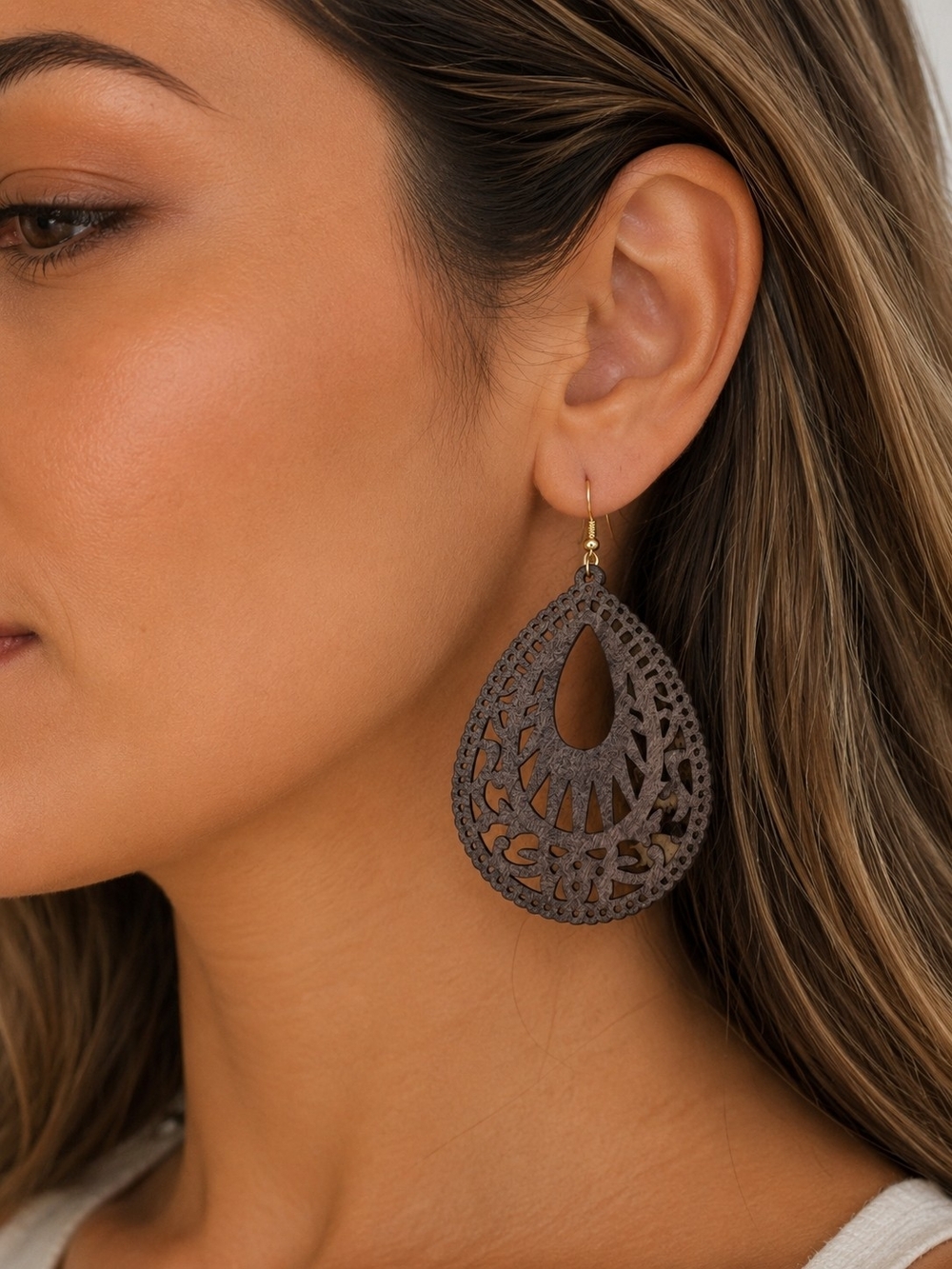3 Bundles for $25 Brown Wooden Filigree Teardrop Earrings Boho Festival New